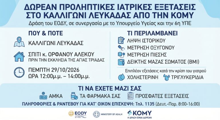Μετατίθεται για την Πέμπτη 29/10 η Δράση Προληπτικής Ιατρικής στο Καλλιγώνι Λευκάδας